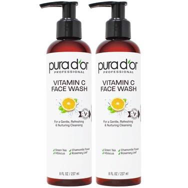 PURA D'OR Vitamin C Face Wash (8oz x2 = 16oz) Antioxidant Rich Facial Cleanser For Radiant Glow &amp; Even Skin Tone - Gentle, Refreshing, Nurturing, Hydrating, Sulfate &amp; Paraben Free Formula