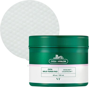 VT COSMETICS Cica Mild Toner Pad (60 Pads), Facial Toner Pads for Daily Use - Exfoliating, Hydrating, Soothing, pH Balancing Toner with BHA, Centella Asiatica Extract, Hyaluronic Acids