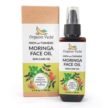 Organic Veda Moringa Face Oil with Neem &amp; Turmeric - 100% Pure Cold Pressed Skin Care Oil Moisturizer for Face Hair &amp; Skin, Natural Skin Glow - 3.4 oz