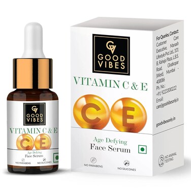 Good Vibes Vitamin C &amp; Vitamin E Age Defying Face Serum   Lightweight Naturally Glowing Serum For All Skin Types   Helps Repair Skin &amp; Wrinkles   No Parabens &amp; Sulphates (10 ml/0.34 Fl Oz)