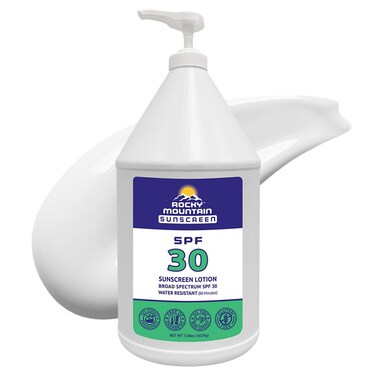 Rocky Mountain Sunscreen - SPF 30 Lotion   Broad Spectrum UVA/UVB Protection   Hawaii 104 Reef Act Compliant (Oxybenzone &amp; Octinoxate Free)   Water Resistant 80 Min.   Gallon with Pump (128 Fl Oz)