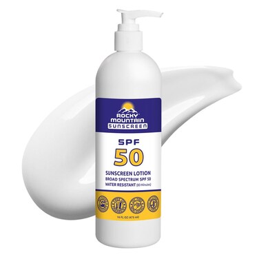 Rocky Mountain Sunscreen SPF 50 16 oz   Broad Spectrum UVA/UVB Protection   Hawaii 104 Reef Act Compliant (Oxybenzone &amp; Octinoxate Free)   Water Resistant 80 Min.   Fragrance Free With Pump (16 Fl Oz)