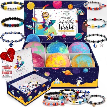Bath Bombs for Kids with Jewelry Inside &amp; Keepsake Box - Designer Space Galaxy Bracelets, Organic, Skin Moisturizing, Natural Kids Bath Bombs with Surprise Inside, Birthday Gifts for Boys, Girls