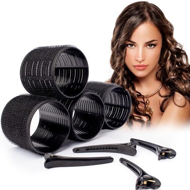 Self-Holding Velcro Heatless Hair Rollers with Clips - Gripping Sticky No Heat Rollers for Volume and Curls (66mm x 8, Black)