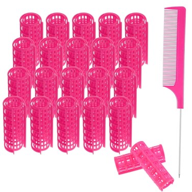 ZMD 20PCS Plastic Hair Curlers Rollers Set, 0.98in/2.5cm, Heatless Self Grip Hair Rollers with Mini Comb for Long Medium Short Thin Hair (Pink)