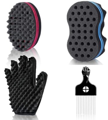 Magic Twist Hair Sponges Set, Big Holes Sponge Brush for Hair, Curling Sponge Glove for Men Women Curls with Metal Afro Pick(6.7 inch)