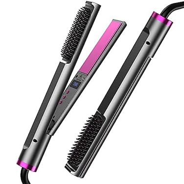 Professional 3 in 1 Hair Straightener Flat Iron, Hair Curler with Built-in Comb, Hair Straightener Brush with Adjustable Temperature, Instant Heat-Up, Dual Voltage, Ideal Gift