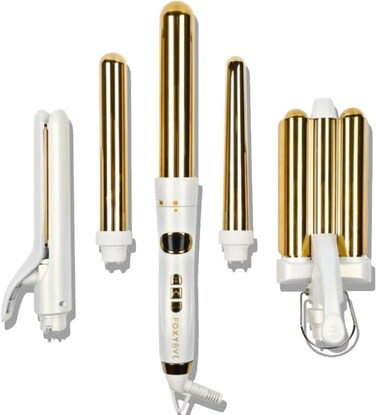 FoxyBae 5-in-1 Interchangeable Hair Tools Set - 1" Flat Iron Hair Straightener, 3 Barrels Hair Crimper, 3 Ceramic Curling Wands 0.75"-1.25", Salon Grade Waver &amp; Curler (Pearl White - Gold)