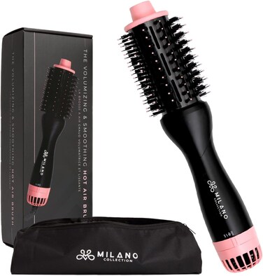 Milano Collection Hot Air Hair Brush Dryer, Quick &amp; Easy Styling, Hair Volumizer for Human Hair Wigs &amp; Natural Hair, Lightweight Round-Shaped Barrel Blow Dry Brush, Black