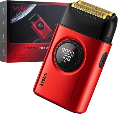 VGR 377 Foil Shaver for Men, Electric Razor for Shaving Face with Double Foil, 21-Speed 9000 RPM Motor Bald Shavers LED Display Titanium Foils, Barber Supplies (Red), Men's Gifts