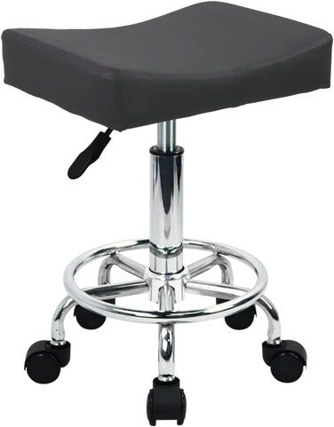 Square Rolling Stool with Footrest PU Leather Height Adjustable 360&deg; Swivel Stool with Wheels Massage SPA Salon Stools Task Chair Desk Drafting Bedroom Vanity Stool (Grey)
