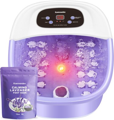 Foot Spa Bath Massager with Heat Bubbles and Vibration Massage and Jets, 16 OZ Calming Lavender Foot Soak Epsom Salt, Koenvenden Foot Soaker With Red Light, 22 Massage Rollers, Adjustable Temp -Purple