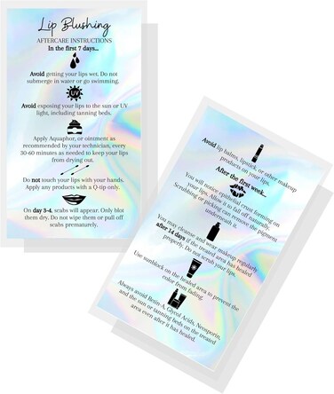 Lip Blush Aftercare Instructions Card   50 Pack   2x3.5" inches Business Card Size   Lip Glow Lip Blush PMU Lip Tint Lip Tattoo   Holographic Design