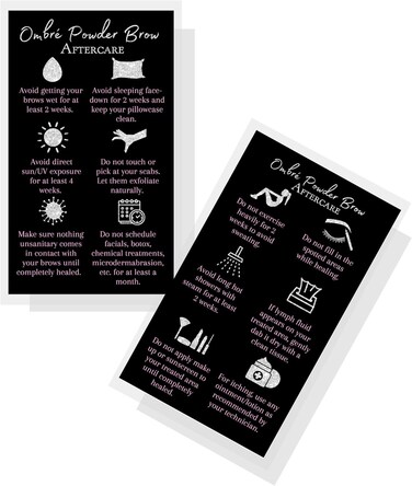Ombre Powder Brow Aftercare Instructions Cards   Package of 50   Size 2x3.5" inches Business Card   Black, Silver Glitter, and Light Pink Design