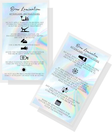Brow Lamination Aftercare Cards   50 Pack   2x3.5&rdquo; inches Business Card Size   Starter Lift Kit At Home DIY Brow Lift and Tint   Snatched Brows Non Reflect Matte Rainbow Holographic Look Design