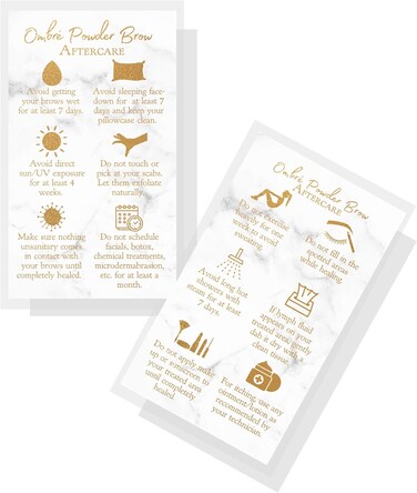Ombre Powder Brow Aftercare Instructions Cards   50 Pack   Double Sided Size 2x3.5" inches Business Card   Marble Look and Gold Design