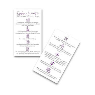 Brow Lamination Aftercare Card   50 Pack   2x3.5&rdquo; inches Business Card Size   Starter Lift Kit At Home DIY Brow Lift and Tint   Snatched Brows White with Purple Design