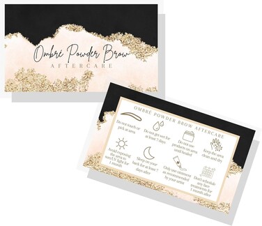 Ombre Powder Brow Aftercare Cards   50 Pack   2x3.5&rdquo; inch Business Card Size   Brow Artist Supplies, Powder Brow Aftercare Cards for Clients, Snatched Brows  Black, Pink, and Gold Design
