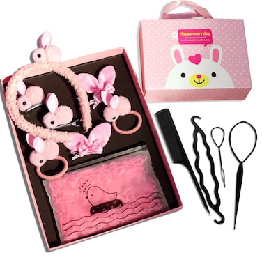 Lovely Simulation Rabbit Hair Accessories Set - Hair Ties, Scrunchies, Ponytail Holders, Hair Clips, Headbands for Girls and Baby - 1011PCS (Pink)