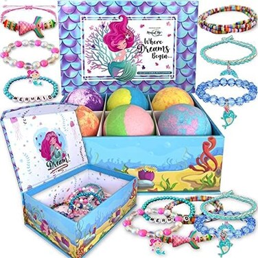 Mermaid Bath Bombs for Girls with Jewelry Inside &amp; Jewelry Box for Kids - Organic, Skin Moisturizing, Natural Bubble Bath Bombs for Kids with Surprise Toys, Birthday Day Gifts for Kids, Boys, Girls