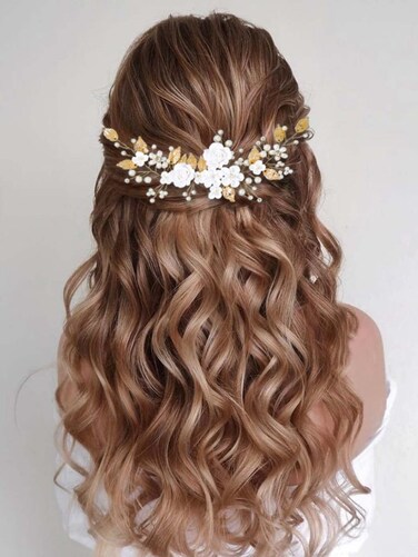 CASDRE Flower Bride Wedding Hair Vine Pearl Bridal Headpiece Leaf Hair Accessories Hair Piece for Women and Girls (B Gold)