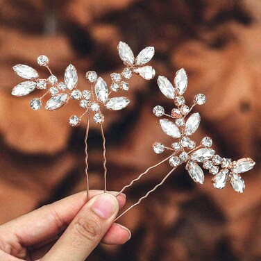 Casdre Crystal Bride Wedding Hair Pins Rhinestone Bridal Hair Pieces Wedding Hair Accessories for Women and Girls (Pack of 2) (C Rose Gold)