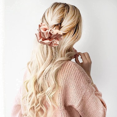 Luxury 100% Pure Silk Scrunchies, Jumbo Large Size, Made in Canada, No Crease Gentle for Hair, Women Girl, Silk Hair Ties, Headband Elastic Ponytail Holders, Big Scrunchy (Shy Pink - 1pcs)