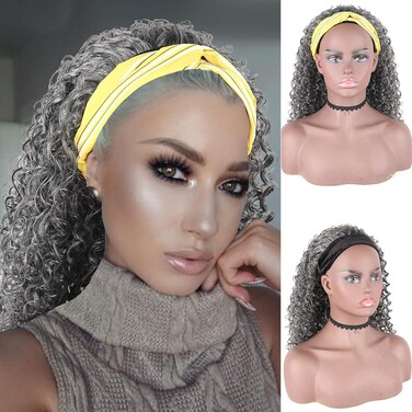 CINHOO Afro Kinky Curly Black Hair Wigs with Headbands Attached Headband Wig for Black Women Afro Curly Wave Deep Wave Gray Headband Wig, Brazilian Virgin Remy Wet Wavy headband Wigs (Gray)