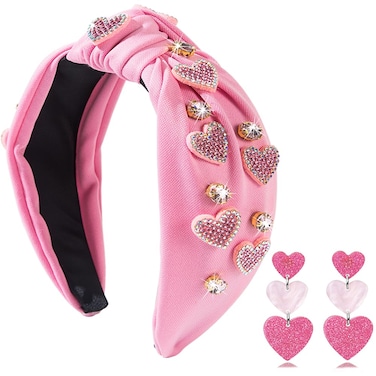 Valentine's Day Headband for Women,knotted Headband for Women,Red Pink Jeweled Rhinestone Crystal Top Knot Headband Valentine&rsquo;s Day Hair Accessories for Girls Women