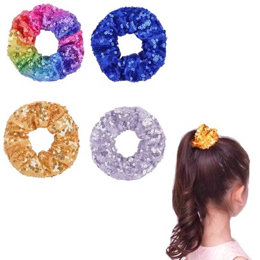 4 Pack Hair Scrunchies, Sequin Scrunchies Elastic Stretch Sparkly Glitter Fashion Scrunchie Hair Tie Ponytail Holders Bun Cover for Girls and Women (style1)