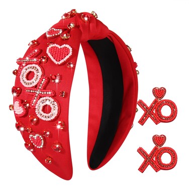 Knotted Red Beaded Heart Headband with XOXO Earrings - Valentines Day Fashion Hair Accessories Gift Set for Women