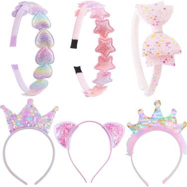 Headbands for Girls 6 Pack Toddler Headbands Glitter Kids Headbands Cat Bow Heart Star Crown Hairband Accessories for Toddler Girls Teens