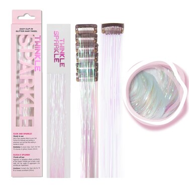 6Pcs Clip in Hair Tinsel Kit, 19.6 Inch Heat Resistant Glitter Tinsel Hair Extension Clips, Fairy Hair Sparkle Strands Festival Gift Party Dazzle Hair Accessories for Women Girls Kids(WHITE)