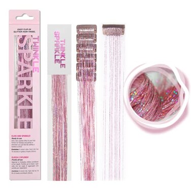 6Pcs Clip in Hair Tinsel Kit, 19.6 Inch Heat Resistant Glitter Tinsel Hair Extension Clips, Fairy Hair Sparkle Strands Festival Gift Party Dazzle Hair Accessories for Women Girls Kids (ROSE QUARTZ)