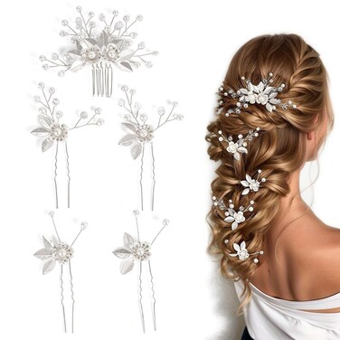 Wedding Hair Pins Set of 5 Pcs - Elegant Leaf Floral Pearl Rhinestones Hair Accessories for Bridal Women (Silver)