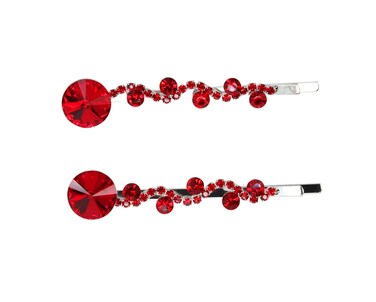 Faship A Pair Of Red Premium Rhinestone Crystal Floral Hair Clips 2 Pcs Pins - Red