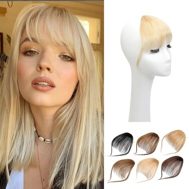Bangs Hair Clip in Bangs,Fake Bangs Clip on Bangs Human Hair,Faux Blonde Bangs Clip in Hair Extensions,Wispy Bangs Hair Clip Fringe With Temples Hairpieces Curved Bangs for Daily Wear