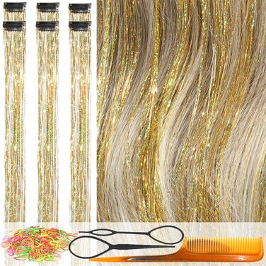 Clip in Hair Tinsel Kit Gold Tinsel Hair Extensions 24 Inch Heat Resistant for Girls Kids New Year Gift Party Cosplay