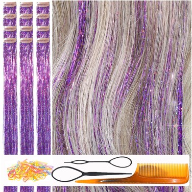 Hair Tinsel Clip in Purple Fairy Hair for Girls for Party Cosplay Christmas New Year Gift (24 Inch Pack of 12Pcs, Deep Purple)