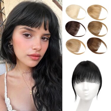 Bangs Hair Clip in Bangs,100% Human Hair Fake Bangs Clip on Bangs Dark Black,Faux Bangs Clip in Hair Extensions,French Bangs Fringe With Temples Hairpieces Curved Bangs for Daily Wear
