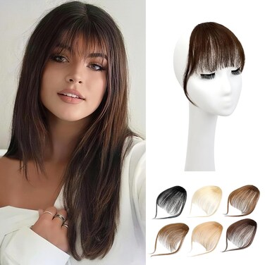 Bangs Hair Clip in Bangs,100% Human Hair Fake Bangs Clip on Bangs Brown,Faux Bangs Clip in Hair Extensions,Wispy Bangs Hair Clip Fringe With Temples Hairpieces Curved Bangs for Daily Wear