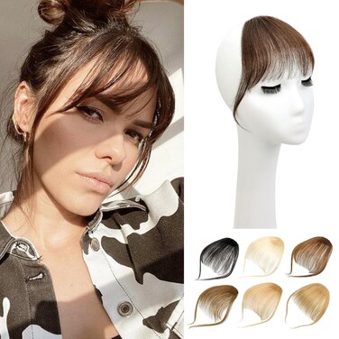 Bangs Hair Clip in Bangs,100% Human Hair Fake Bangs Clip on Bangs Dark Brown,Faux Bangs Clip in Hair Extensions,Wispy Bangs Hair Clip Fringe With Temples Hairpieces Air Bangs for Daily Wear
