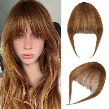 Bangs Hair Clip in Bangs-100% Human Hair Clip On Bangs Fake Bangs Clip in Bangs Real Human Hair Bangs Hair Clip In Hair Extenisons With Temples Hairpieces For Women Light Brown