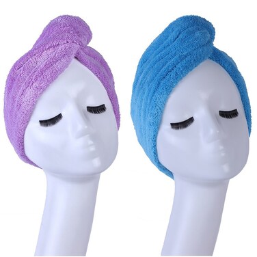 YYXR Microfiber Hair Turban Towel Wrap - Super Absorbent Drastically Reduce Hair Drying Time(2 pack puple &amp; blue))