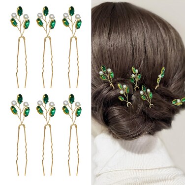 6 Pieces Emerald Green Rhinestone Wedding Hair Comb Bridal Hair Pins, U-shaped Rhinestone Hair Accessories for Women Girls(turquoise)