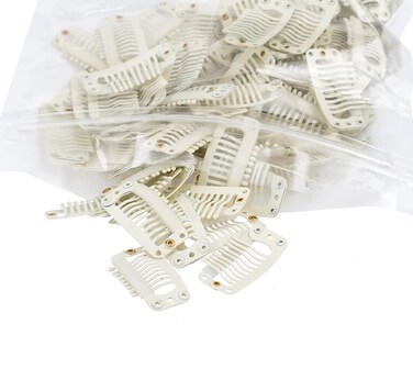 SWACC 100 Pcs U Shape Metailic Snap Clips ins for Hair Extension Hairpiece DIY Snap-Comb Wig Clips with Rubber (White Beige, 9-Teeth 6 Holes)