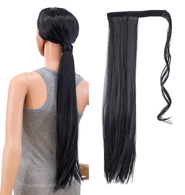 SWACC Women Long Straight/Curly Wavy Wrap Around Ponytail Extension Synthetic Hair Piece Clip in Hair extensions (Straight, 1B#-Off Black)