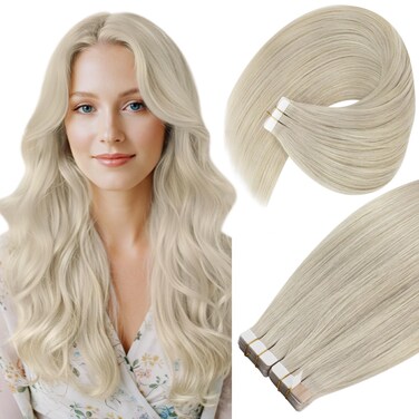 VeSunny Platinum Blonde Tape in Extensions Human Hair Skin Weft Hair Extensions Seamless Tape in Hair Extensions Blonde 16inch Hair Extensions Tape in Blonde 20pcs 50g