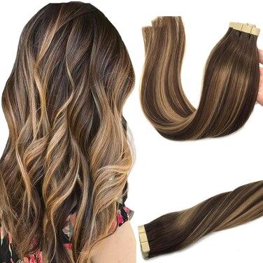 GOO GOO Tape in Hair Extensions Human Hair, 4/27/4 Balayage Chocolate Brown to Caramel Blonde, 14inch 50g 20pcs, Thick Ends Straight Seamless Tape in, Invisible Tape in Hair Extensions Human Hair