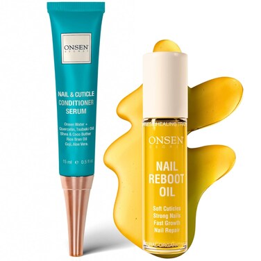Onsen Secret Nail Reboot Duo - Treatment for Damaged Nails - Natural Nail Care &amp; Cuticle Repair - Visible Results For Perfect Nails, Cuticle Conditioner Cream 15ml &amp; Nail Reboot Oil 10ml